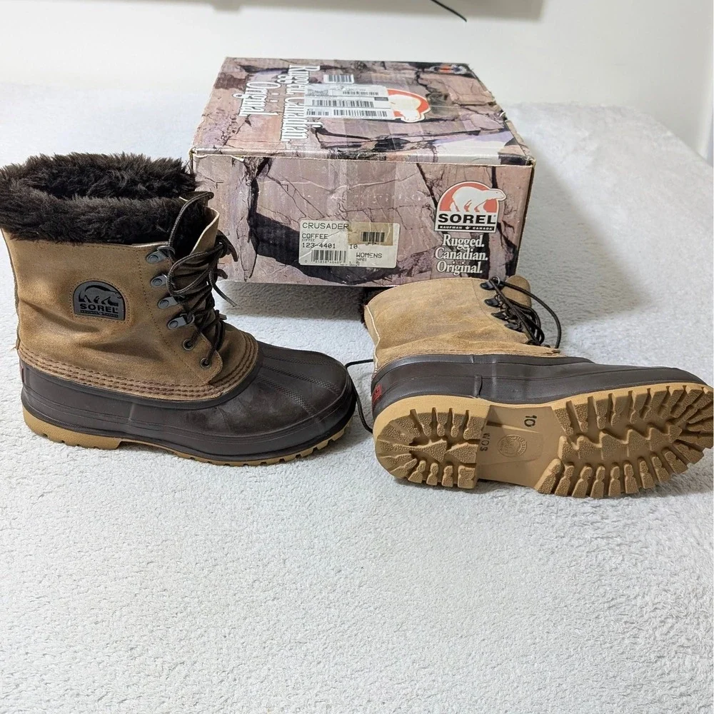 Sorel Crusader Boots Womens 10 Coffee Brown Vintage Waterproof Winter Snow W Box